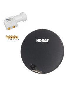 HDSAT KIT PARABOLE 60 CM FIBRE COMPOSITE Gris Antracite BRIDES INOX + LNB Twin HDSAT HD 4K 2 Sorties