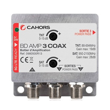 CAHORS BD-AMP-3COAX Amplificateur TV/SAT 1 Entrée Coax et 2 Sorties Coax