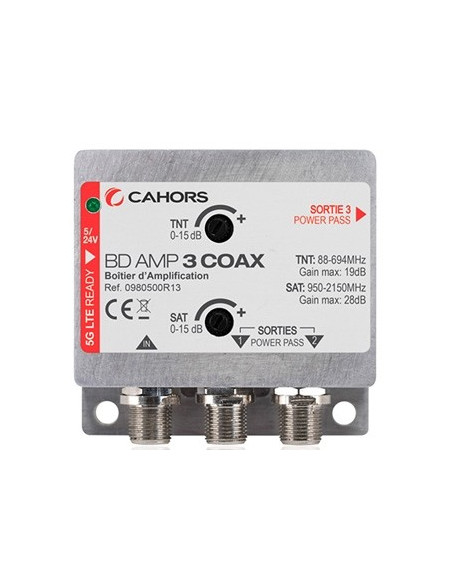 CAHORS BD-AMP-3COAX Amplificateur TV/SAT 1 Entrée Coax et 2 Sorties Coax