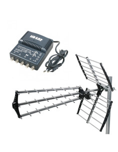 HDSAT Antenne TNT Trinappe Gain 18dB + Amplificateur tnt 2 Sorties