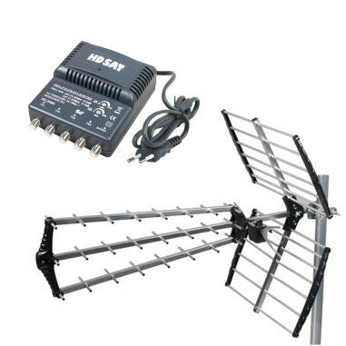HDSAT Antenne TNT Trinappe Gain 18dB + Amplificateur tnt 2 Sorties