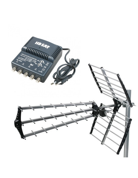 HDSAT Antenne TNT Trinappe Gain 18dB + Amplificateur tnt 2 Sorties