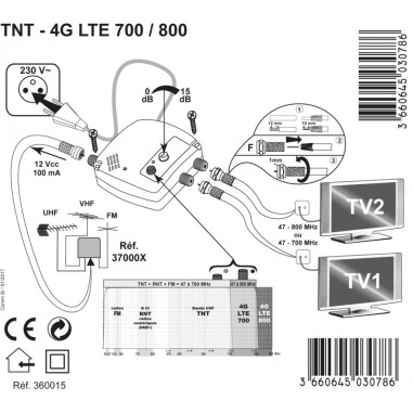 ELAP Antenne TNT PATCH HD 50 - Amplifiée - Gain 50 dB + ampli / alimentation 5/12/24/220 V - 2 sorties TV - IDÉAL MOBILHOME