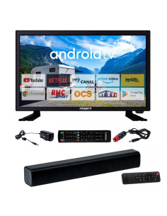Pack ANTARION TV LED 19" 48cm Téléviseur HD Bluetooth 12V Camping Car + Barre de Son 30W
