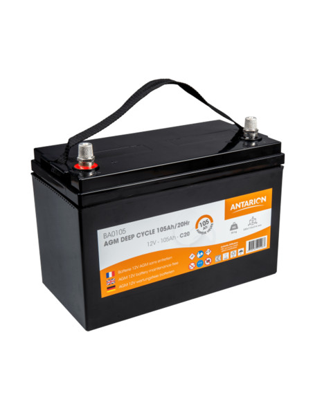 ANTARION Batterie AGM 105Ah 800 cycles monobloc Bornes Cuivre Camping-Car 