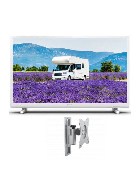 PACK PHILIPS TV LED 24" 60cm Téléviseur HD 12V Tuner SAT Blanc Camping-car + Support TV