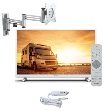 PACK PHILIPS TV LED 24" 60cm Téléviseur HD 12V Tuner SAT Blanc Camping-car + Support TV Double bras
