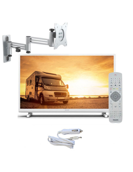 PACK PHILIPS TV LED 24" 60cm Téléviseur HD 12V Tuner SAT Blanc Camping-car + Support TV Double bras