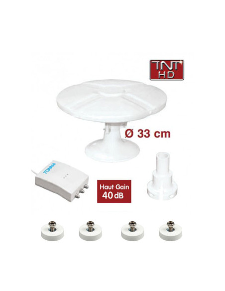 PACK TONNA Antenne TNT HD Omnidirectionnelle Gain 40dB + 4 Aimants Fixation Camping-Car