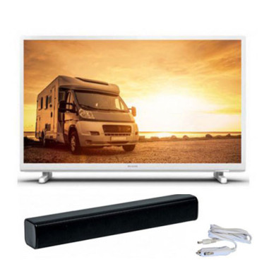 PACH PHILIPS TV LED 24" 60cm HD 12V Tuner SAT Blanc Camping-car + Barre de son 30W Bluetooth