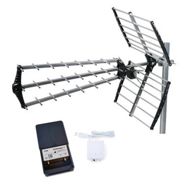 Pack HDSAT Antenne TNT Trinappe Prémontée gain 18 dB + JOHANSSON Kit Préampli de mât
