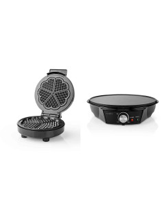 PACK NEDIS 1 Plaque à Gaufres 19cm 1000W + 1 Crépière Electrique 30cm Thermostat Réglable Revêtement Anti-adhésif