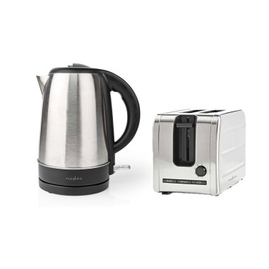 Pack NEDIS Bouilloire Electrique 1,7L Aluminium Inox 2200W + Grille-Pain 2 Fentes 1050W Gris Acier Inoxydable