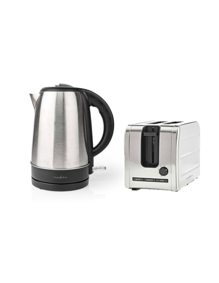 Pack NEDIS Bouilloire Electrique 1,7L Aluminium Inox 2200W + Grille-Pain 2 Fentes 1050W Gris Acier Inoxydable