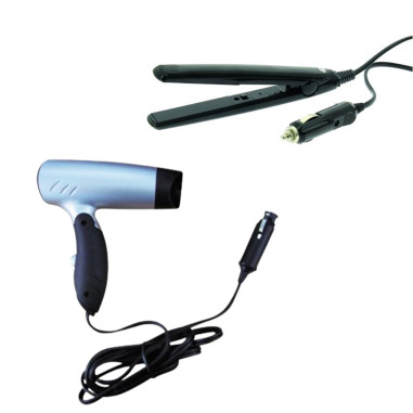 INCASA PACK Sèche Cheveux 12 Volts Manche Repliable + Fer A Lisser de Voyage 12 Volts Prise Allume Cigare Camping-car Bateau