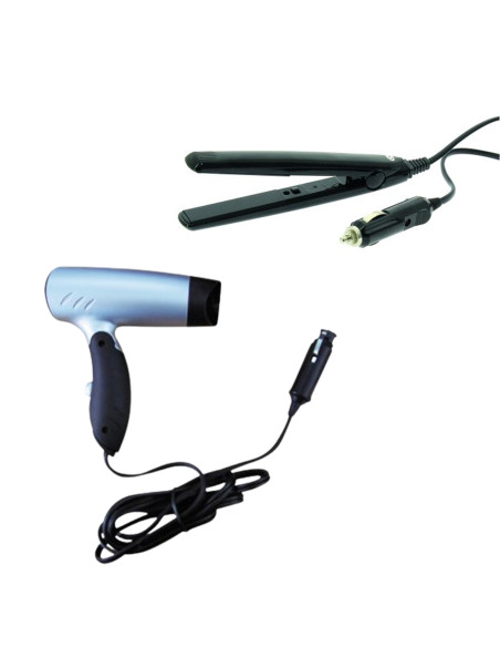 INCASA PACK Sèche Cheveux 12 Volts Manche Repliable + Fer A Lisser de Voyage 12 Volts Prise Allume Cigare Camping-car Bateau