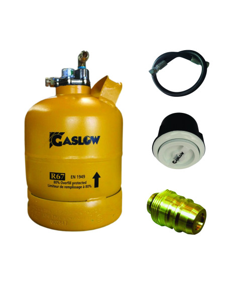 PACK GASLOW Bouteille GPL Rechargeable 2.7kg + Lyre + Boite de Transfert Blanc + Adaptateur Espagne/Allemagne