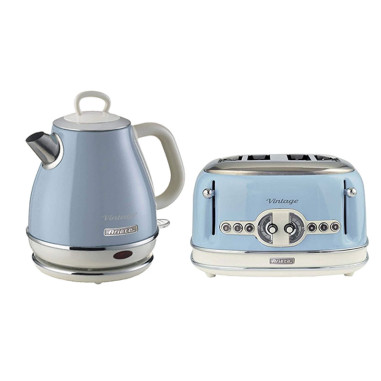 Pack ARIETE Bouilloire Electrique 1L Sans Fil 1630W + Grille-pain 4 Fentes 1600W Bleu Rétro