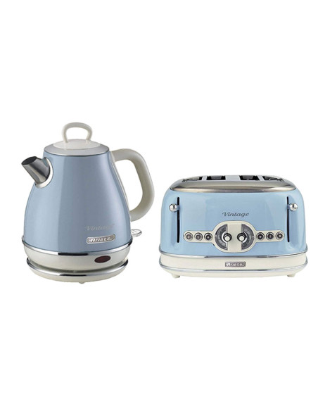 Pack ARIETE Bouilloire Electrique 1L Sans Fil 1630W + Grille-pain 4 Fentes 1600W Bleu Rétro
