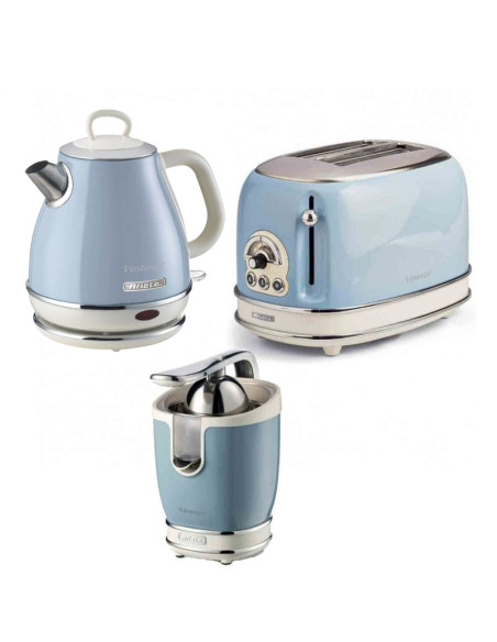 Pack ARIETE Bouilloire électrique 1L + Grille-Pain Acier + Presse-agrumes électrique Bleu Vintage Rétro