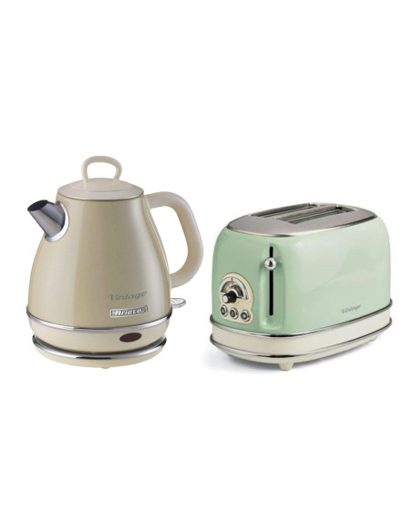 PACK ARIETE 1 Bouilloire Electrique 1L Sans Fil Vintage Beige + 1 Grille-pain 2 fentes Thermostat 6 positions Vert