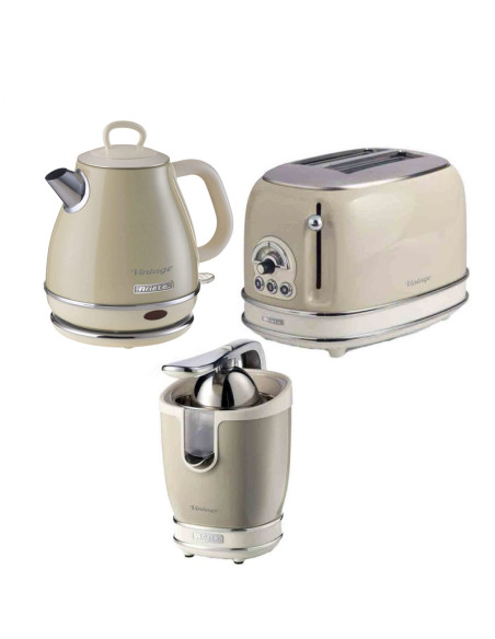 Pack ARIETE Bouilloire électrique 1L + Grille-Pain Acier Beige Vintage Rétro + Presse-agrumes électrique 85W