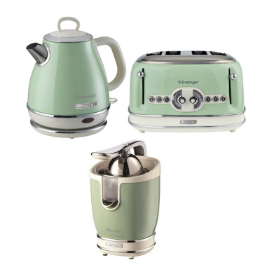 Pack ARIETE Bouilloire 1L sans fil 1630W + Grille-pain 4 Fentes 1600W + Presse-agrumes Electrique 85W Vert Retro
