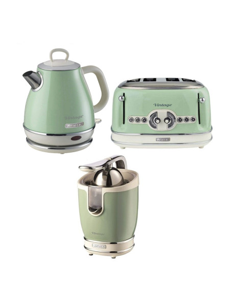 Pack ARIETE Bouilloire 1L sans fil 1630W + Grille-pain 4 Fentes 1600W + Presse-agrumes Electrique 85W Vert Retro