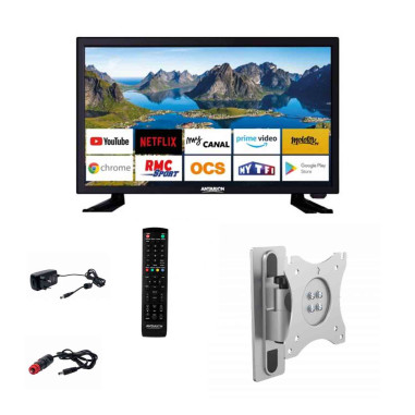 Pack ANTARION Tv Led 22" 55 cm Téléviseur Full HD Andoid Smart + Support Tv Camping Car 180° Bras En Aluminium