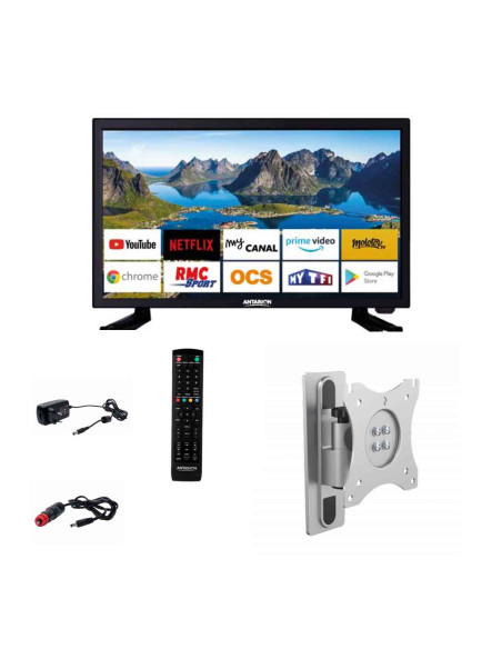 Pack ANTARION Tv Led 22" 55 cm Téléviseur Full HD Andoid Smart + Support Tv Camping Car 180° Bras En Aluminium