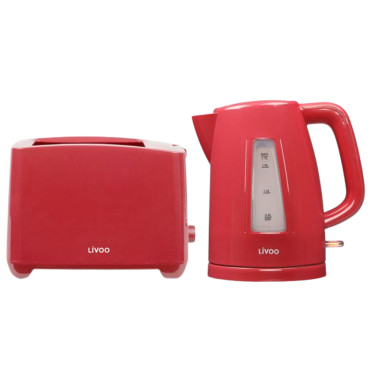 PACK LIVOO Bouilloire Electrique Rouge 1.7L 2200W Filtre Anti-Calcaire + Grille-Pain Toaster 750W 2 Fentes 3 Témoins LED