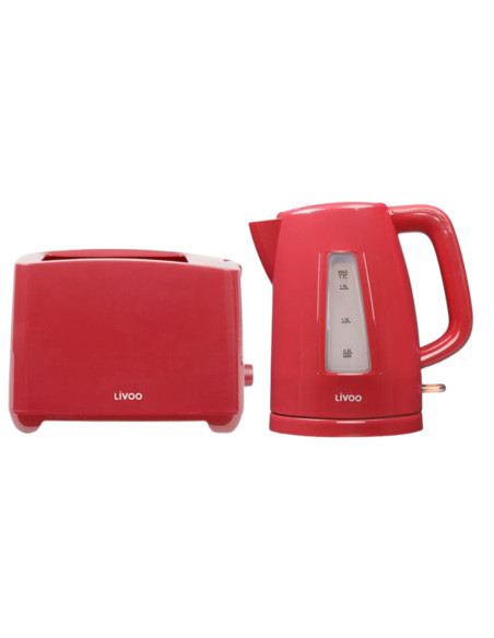 PACK LIVOO Bouilloire Electrique Rouge 1.7L 2200W Filtre Anti-Calcaire + Grille-Pain Toaster 750W 2 Fentes 3 Témoins LED