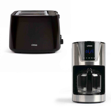 Pack LIVOO Cafetière Filtre 1.5 900W + Grille-Pain4 Fentes 7 Positions Tiroir Ramasse-miettes Noir