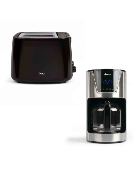 Pack LIVOO Cafetière Filtre 1.5 900W + Grille-Pain4 Fentes 7 Positions Tiroir Ramasse-miettes Noir