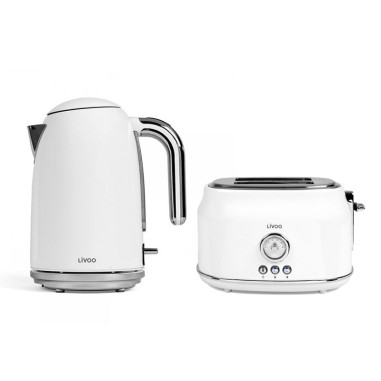 Pack LIVOO Bouilloire 1.7L Rétro 2200W + Grille-pain 2 Fentes Multifonction Rétro Blanc