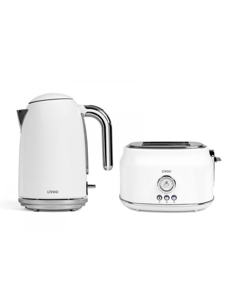 Pack LIVOO Bouilloire 1.7L Rétro 2200W + Grille-pain 2 Fentes Multifonction Rétro Blanc