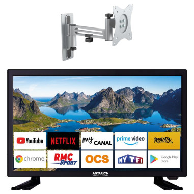 PACK ANTARION TV LED 22" 55cm Full HD ANDROID 11.0 Smart TV Camping Car + Support TV 180° Charge max 15kg