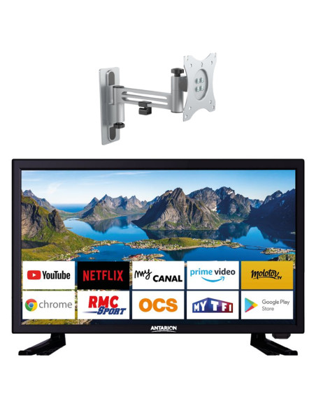 PACK ANTARION TV LED 22" 55cm Full HD ANDROID 11.0 Smart TV Camping Car + Support TV 180° Charge max 15kg