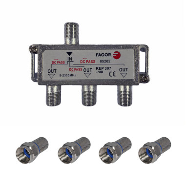 Pack FAGOR Répartiteur Antenne TV ou SAT 1 Entrée 3 sorties 5-2300Mhz + 4 Fiches F 7mm Haute Qualité