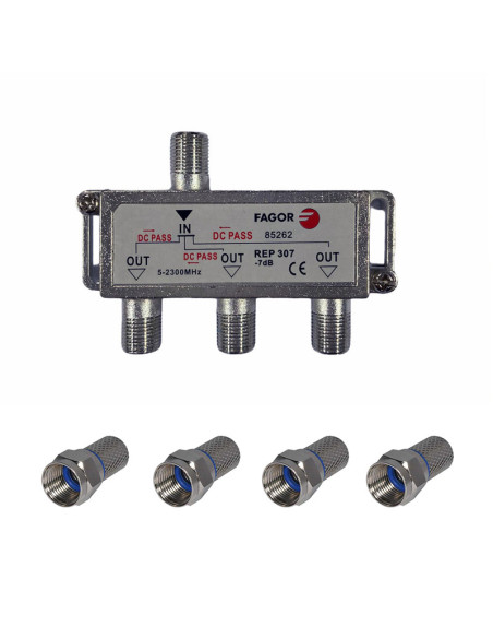 Pack FAGOR Répartiteur Antenne TV ou SAT 1 Entrée 3 sorties 5-2300Mhz + 4 Fiches F 7mm Haute Qualité