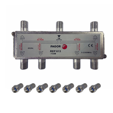 Pack FAGOR Répartiteur Antenne TV ou SAT 1 Entrée 6 sorties 5-2300Mhz + 7 Fiches F 7mm Haute Qualité