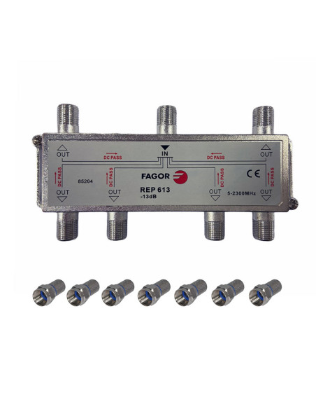 Pack FAGOR Répartiteur Antenne TV ou SAT 1 Entrée 6 sorties 5-2300Mhz + 7 Fiches F 7mm Haute Qualité