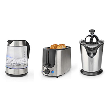 PACK NEDIS Bouilloire 1.7L 2200W + Grille-pain 2 emplacements 1000W + Presse-agrumes 100W en acier