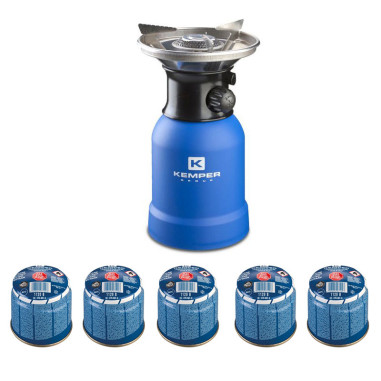 PACK KEMPER Rechaud Portable Gaz Camping + 5 Cartouches perçable 190gr gaz butane Camping