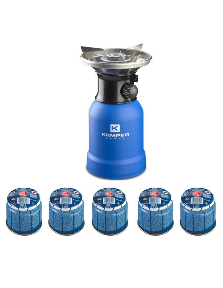 PACK KEMPER Rechaud Portable Gaz Camping + 5 Cartouches perçable 190gr gaz butane Camping