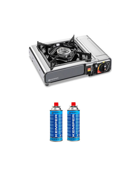 Pack KEMPER Réchaud à Gaz Extra Intelligent Allumage Piezo + Cartouche de Gaz Butane 227Gr Camping