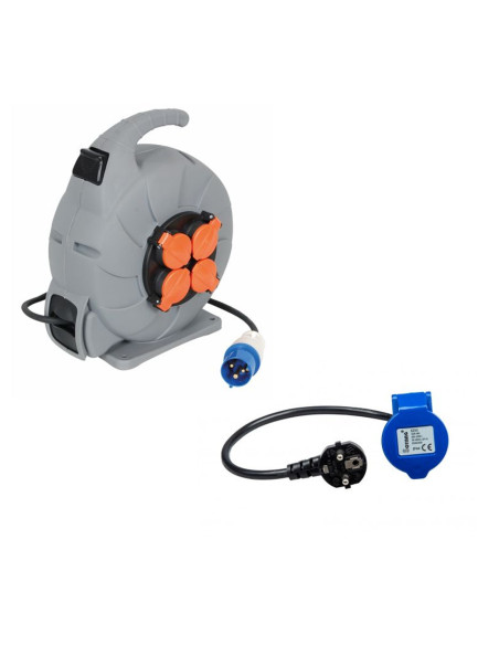 Pack INOVTECHEnrouleur Electrique Automatique Mobile CEE 15M Camping Car Van + ANTARION Adaptateur Femelle P17 230V CEE 50cm
