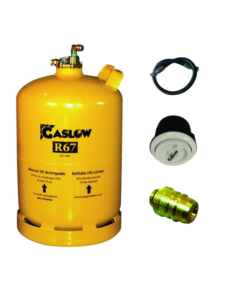 PACK GASLOW Bouteille GPL Rechargeable 11kg + Lyre + Boîte de Transfert blanc + Adaptateur Espagne/Allemagne