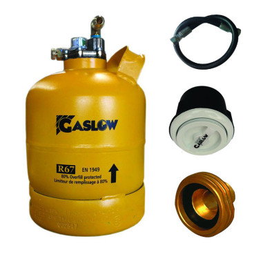 Pack GASLOW Bouteille GPL Rechargeable 2.7Kg + Lyre + Boîte de Transfert Blanc + Adaptateur Europe