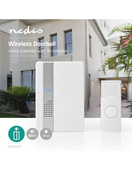 NEDIS Kit de Sonnette Sans Fil Blanc Alimentation Secteur Portée 300m